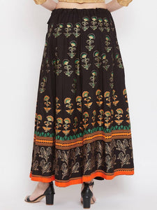 Women Black & Orange Printed Flared Maxi Skirt