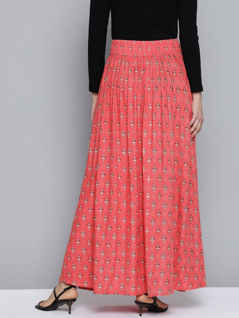 Women Coral Pink & Black Printed Maxi Flared Skirt