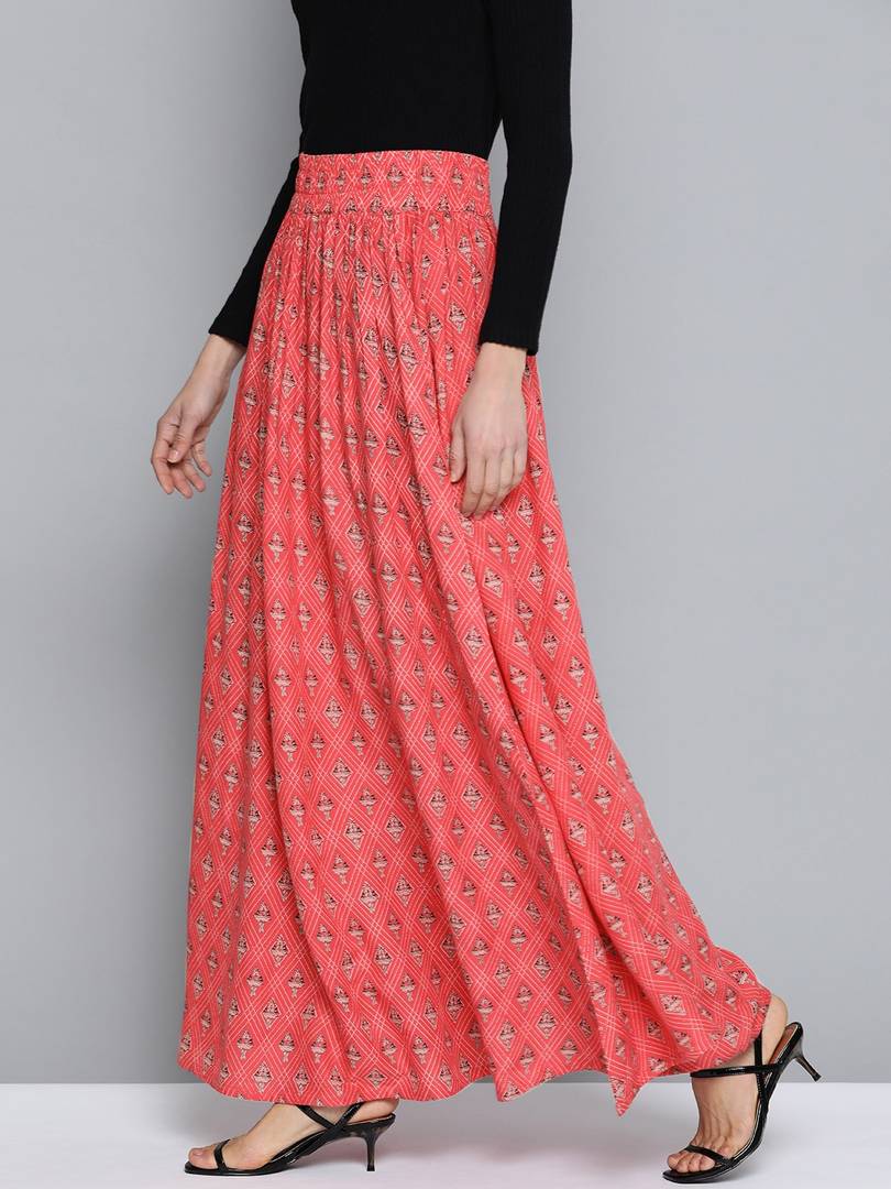 Women Coral Pink & Black Printed Maxi Flared Skirt