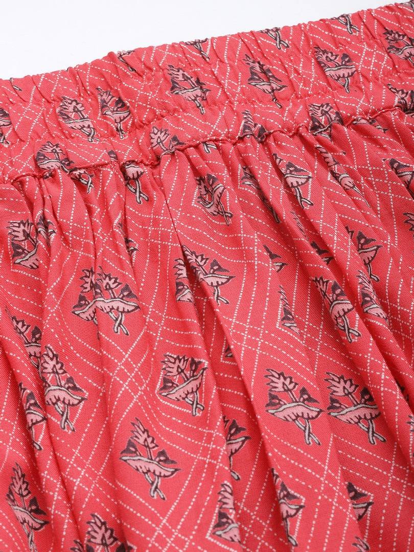 Women Coral Pink & Black Printed Maxi Flared Skirt