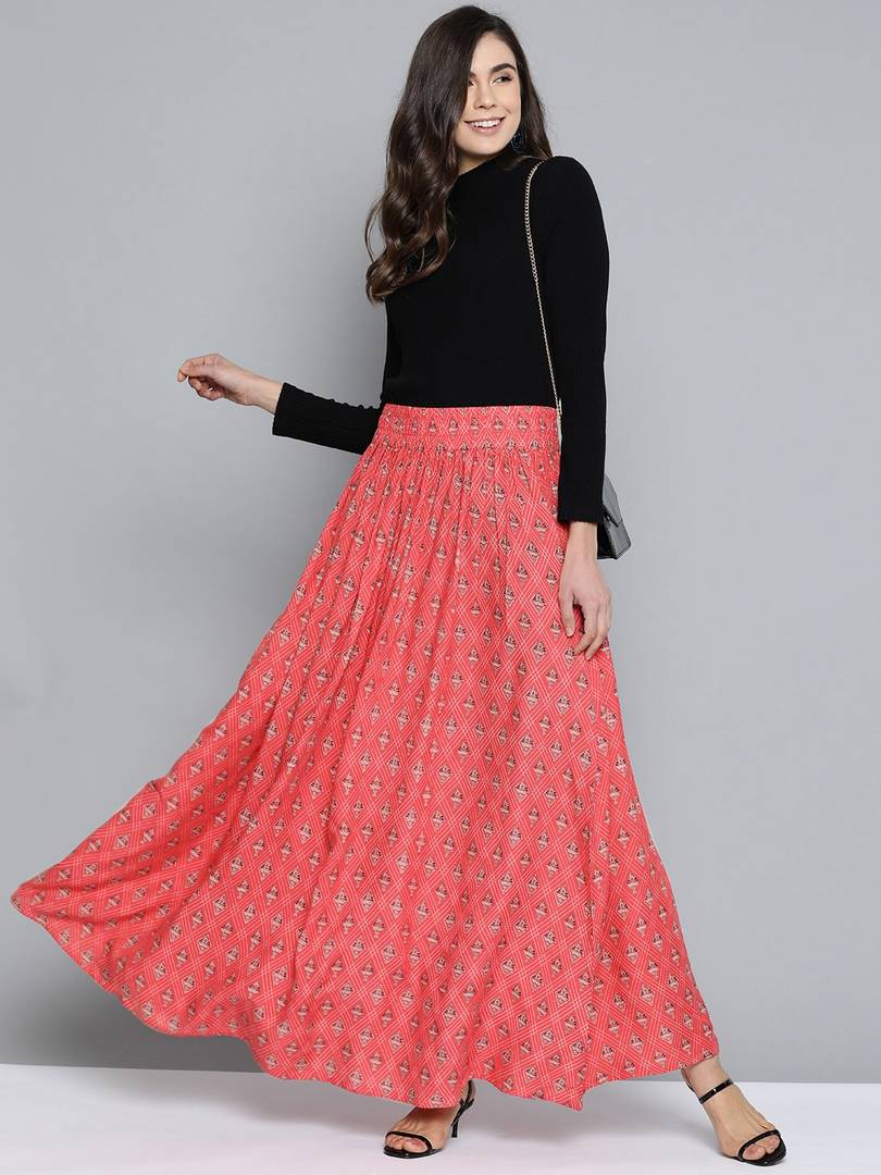 Women Coral Pink & Black Printed Maxi Flared Skirt