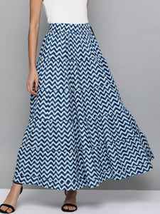 Women Navy Blue & White Chevron Printed Tiered Maxi Skirt