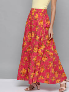Women Pink & Yellow Floral Print Tiered Maxi Skirt