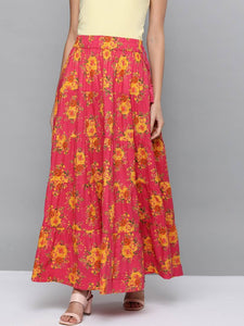 Women Pink & Yellow Floral Print Tiered Maxi Skirt