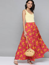 Load image into Gallery viewer, Women Pink &amp; Yellow Floral Print Tiered Maxi Skirt