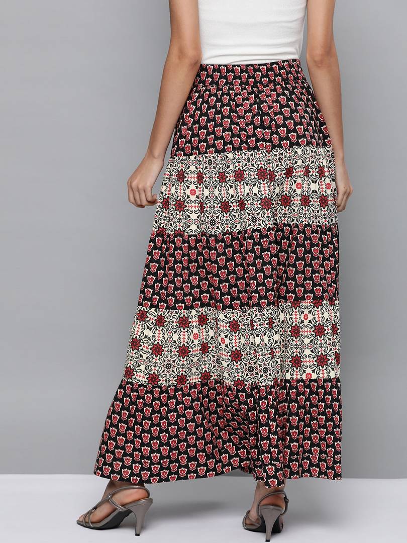 Women Black & Maroon Printed Tiered Maxi Skirt