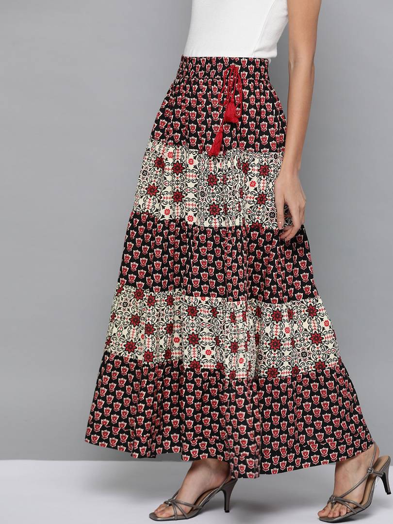 Women Black & Maroon Printed Tiered Maxi Skirt