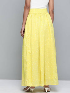 Women Mustard Yellow & White Polka Dots Print Flared Maxi Skirt