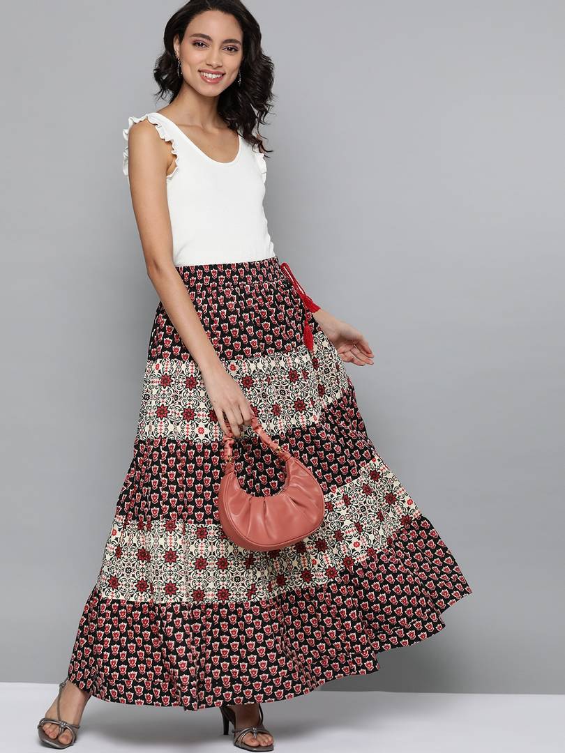 Women Black & Maroon Printed Tiered Maxi Skirt