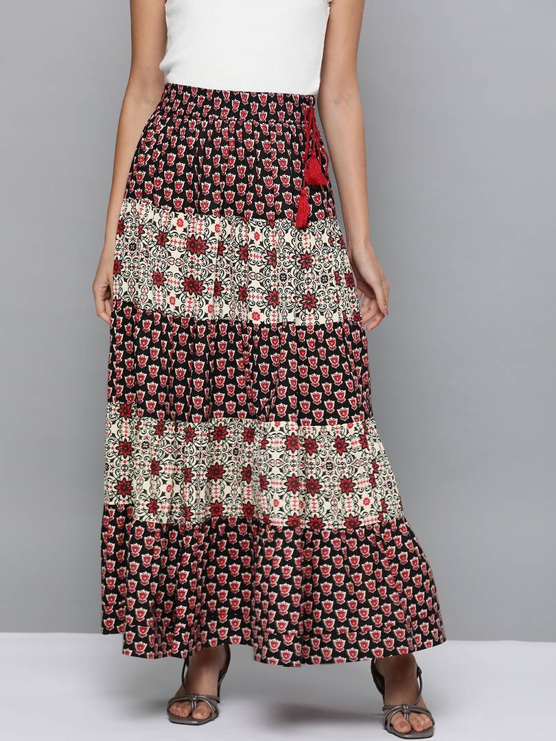 Women Black & Maroon Printed Tiered Maxi Skirt