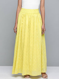 Women Mustard Yellow & White Polka Dots Print Flared Maxi Skirt