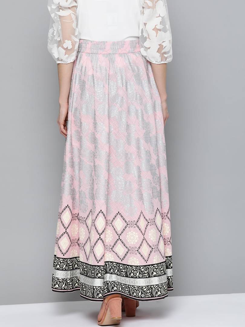 Women Pink & Silver Ethnic Motifs Print Maxi Flared Cotton Skirt