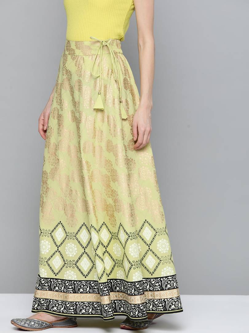 Women Green & Golden Ethnic Motifs Print Maxi Flared Cotton Skirt