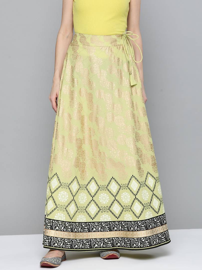 Women Green & Golden Ethnic Motifs Print Maxi Flared Cotton Skirt