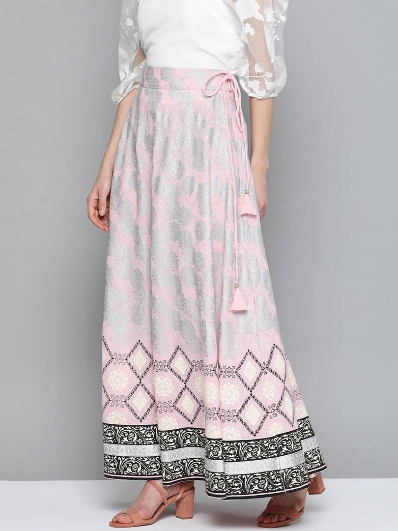 Women Pink & Silver Ethnic Motifs Print Maxi Flared Cotton Skirt