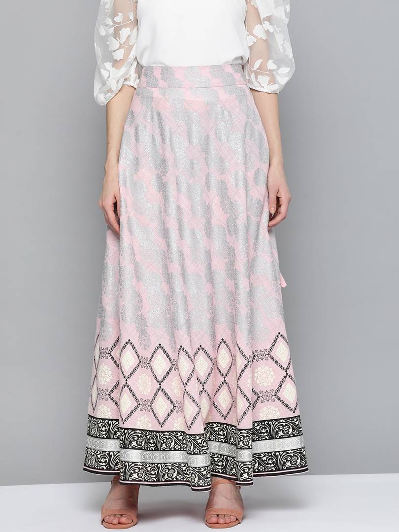 Women Pink & Silver Ethnic Motifs Print Maxi Flared Cotton Skirt