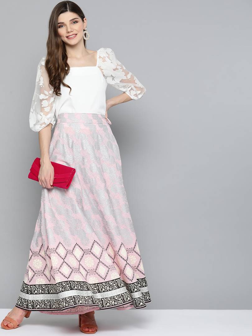 Women Pink & Silver Ethnic Motifs Print Maxi Flared Cotton Skirt