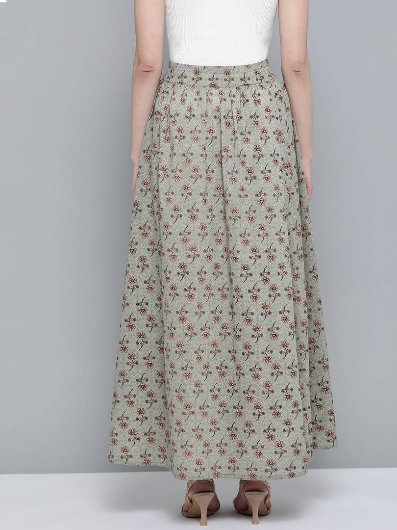 Women Green & Peach-Coloured Pure Cotton Floral Print Maxi Flared Skirt