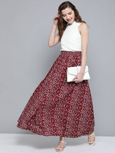 Women Maroon & White Pure Cotton Printed Maxi Flared Skirt