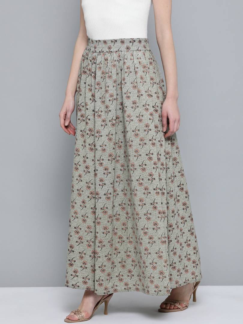 Women Green & Peach-Coloured Pure Cotton Floral Print Maxi Flared Skirt