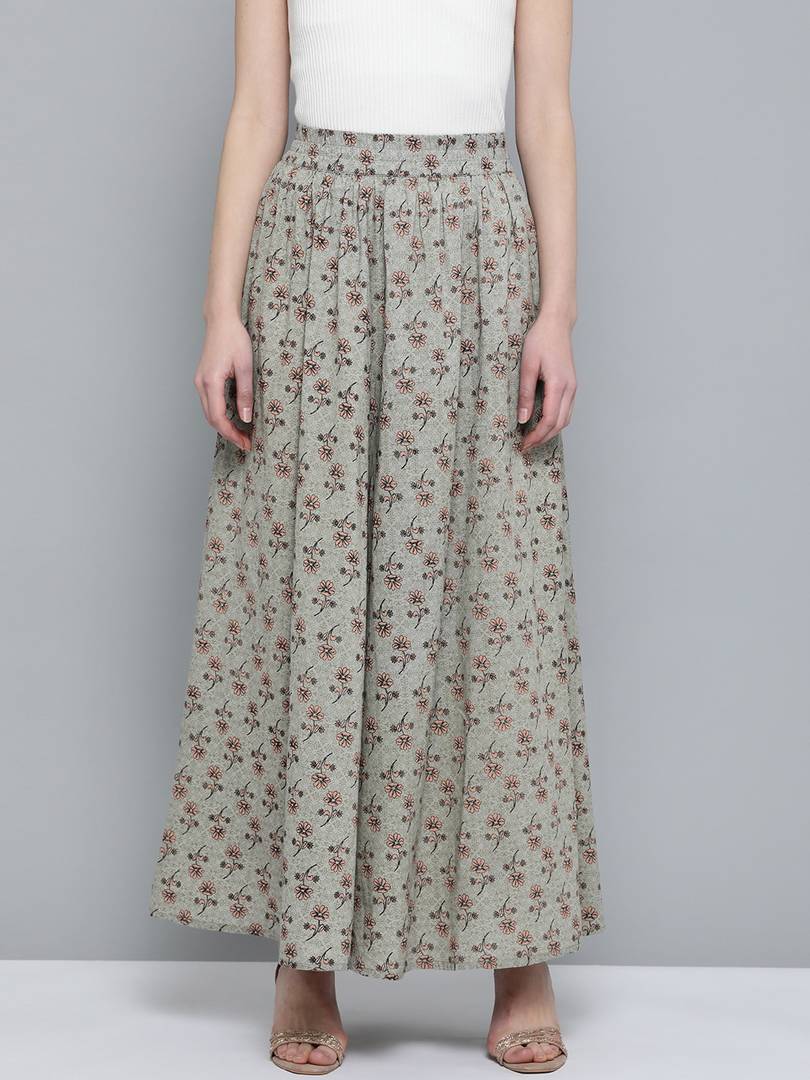 Women Green & Peach-Coloured Pure Cotton Floral Print Maxi Flared Skirt