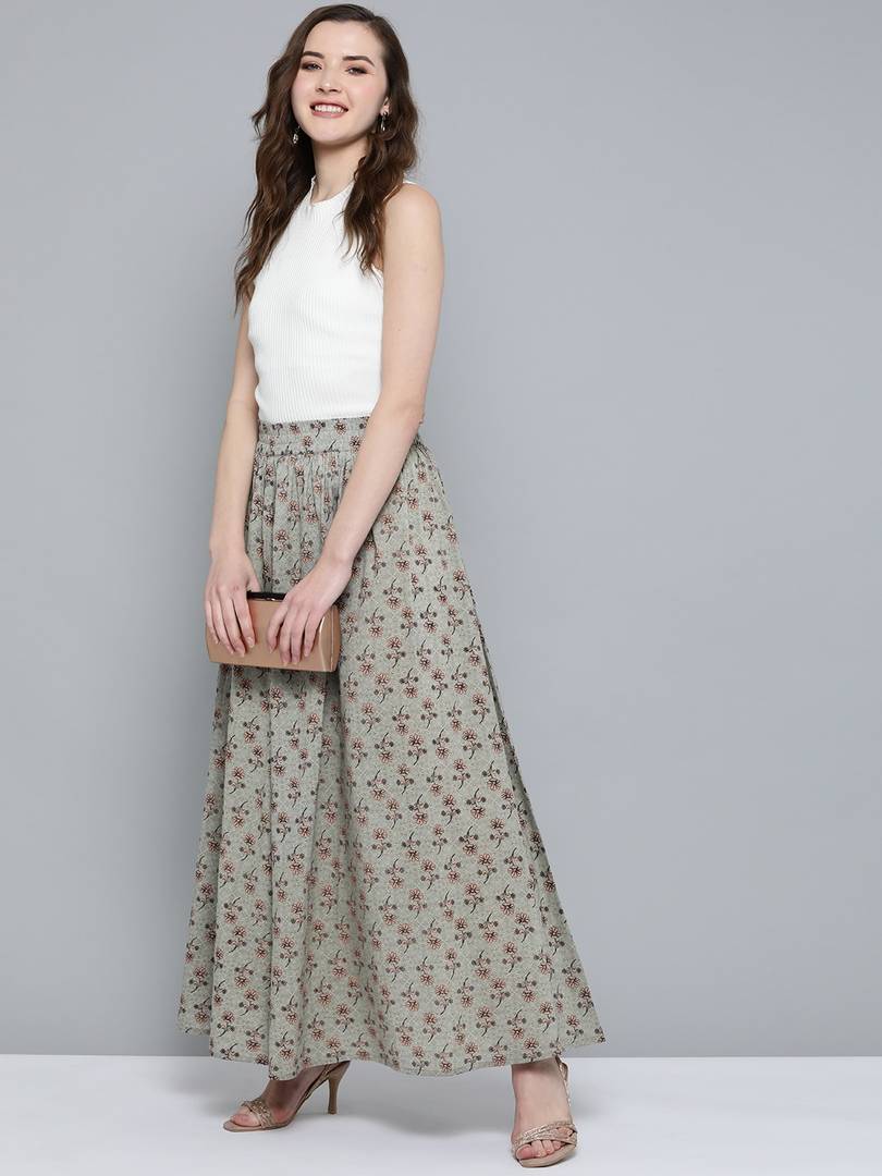 Women Green & Peach-Coloured Pure Cotton Floral Print Maxi Flared Skirt