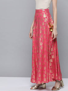 Women Pink & Golden Ethnic Motif Print Flared Maxi Skirt