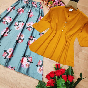 Stunning Yellow Rayon 14 Kg Solid Short Kurta with Digital Printed Skirt Set For Women And Girls