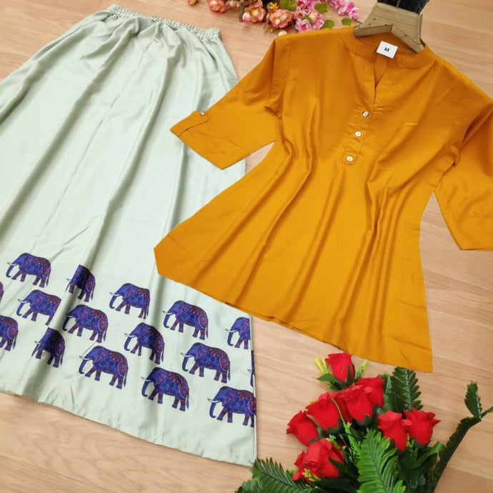 Stunning Yellow Rayon 14 Kg Solid Short Kurta with Digital Printed Skirt Set For Women And Girls