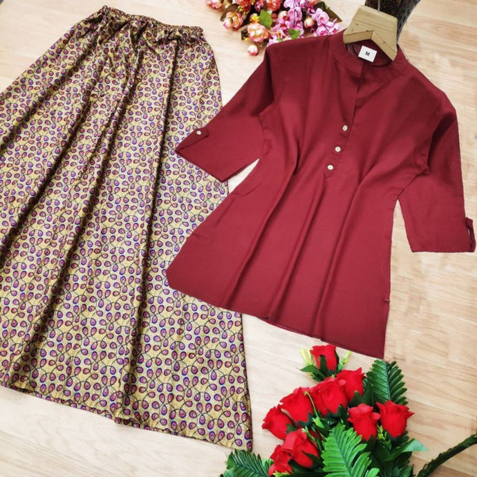 Stunning Maroon Rayon 14 Kg Solid Short Kurta with Digital Printed Skirt Set For Women And Girls