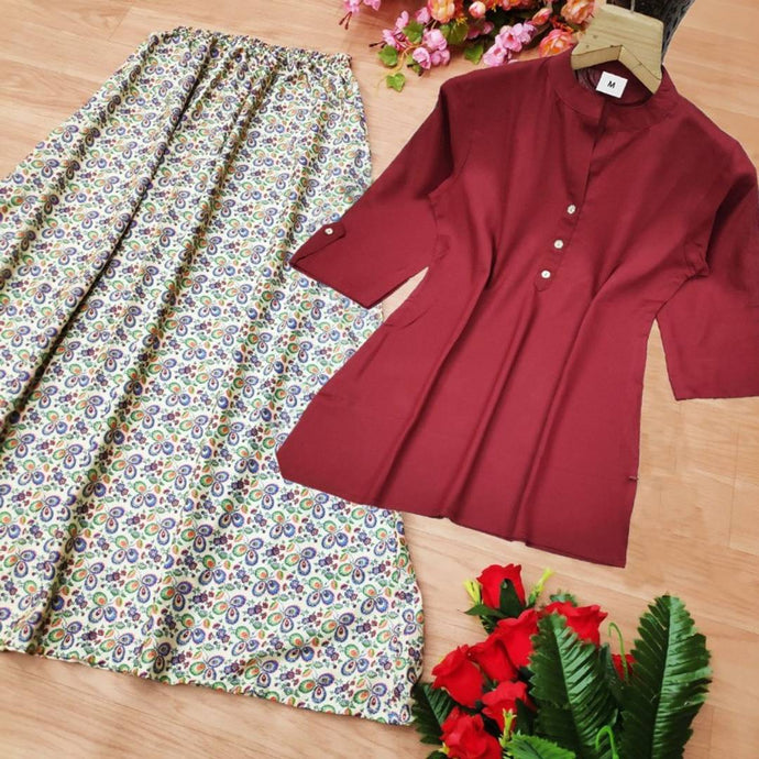 Stunning Maroon Rayon 14 Kg Solid Short Kurta with Digital Printed Skirt Set For Women And Girls
