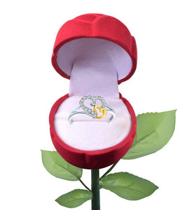 Valentine White Couple Heart CZ White Gold and Rhodium Plated Alloy Ring for Girls and Women with Fancy Velvet Rose Ring Box Combo Set - [VFJ1020ROSE16]