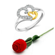 Load image into Gallery viewer, Valentine White Couple Heart CZ White Gold and Rhodium Plated Alloy Ring for Girls and Women with Fancy Velvet Rose Ring Box Combo Set - [VFJ1020ROSE16]