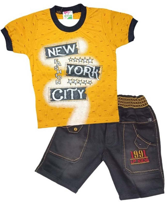 Kids Round Neck T-Shirt With Half Pant (Yellow)