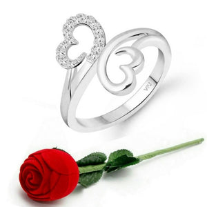 Modish Double Heart (CZ) Rhodium Plated Ring with Scented Velvet Rose Ring Box for women and girls and your Valentine. Alloy Cubic Zirconia Rhodium Plated Ring