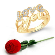 Load image into Gallery viewer, Valentine message Love (CZ) Gold Plated Ring with Scented Velvet Rose Ring Box for women and girls and your Valentine. Alloy Cubic Zirconia Gold Plated Ring