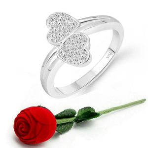Glory Double Heart Rhodium Plated (CZ) Ring with Scented Velvet Rose Ring Box for women and girls and your Valentine. Alloy Cubic Zirconia Gold Plated Ring