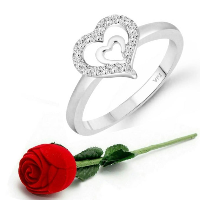 Glory Charming Heart Rhodium Plated (CZ) Ring with Scented Velvet Rose Ring Box for women and girls and your Valentine. Alloy Cubic Zirconia Rhodium Plated Ring