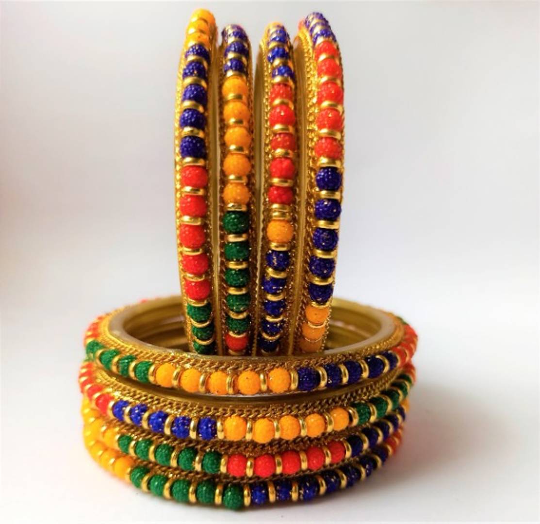 Multicolor 8 Piece Bangles Gold Plated Ring And Stone Chain Work