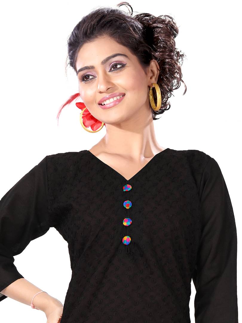 Stylish Cotton Black Chiken Embroidered Kurta For Women
