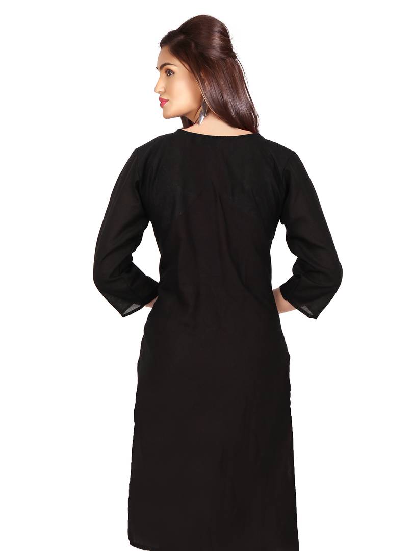 Stylish Cotton Black Chiken Embroidered Kurta For Women