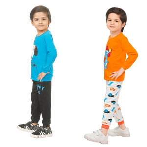 Kid Casual Printed T-Shirt & Trousers Clothing Set II Pack Of 2 ( BLUE & ORANGE)