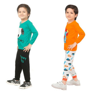 Kid Casual Printed T-Shirt & Trousers Clothing Set II Pack Of 2 ( GREEN & ORANGE)