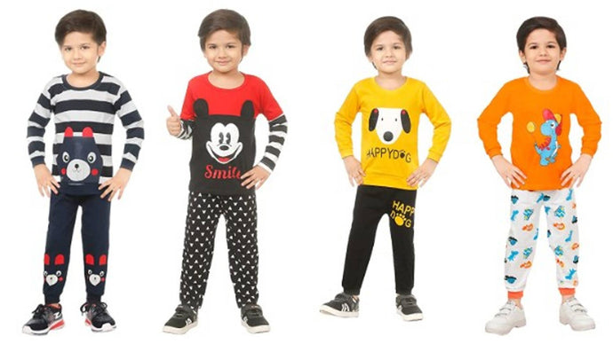 Kid Casual Printed T-Shirt & Trousers Clothing Set II Pack Of 4 ( Colour: BLUE & RED & YELLOW & ORANGE))