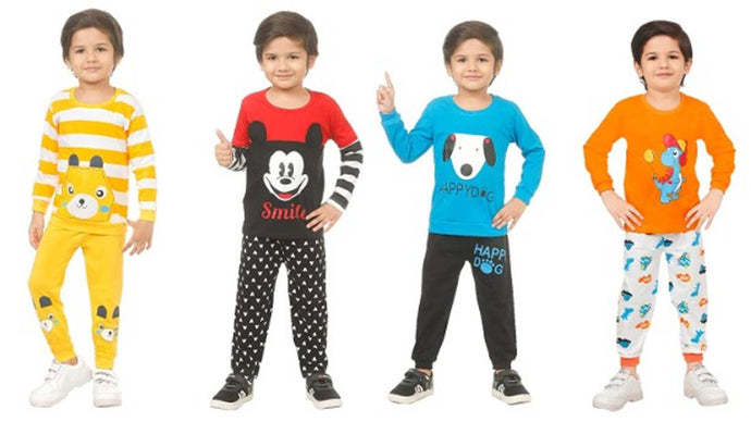 Kid Casual Printed T-Shirt & Trousers Clothing Set II Pack Of 4 ,YELLOW & RED & BLUE & ORANGE