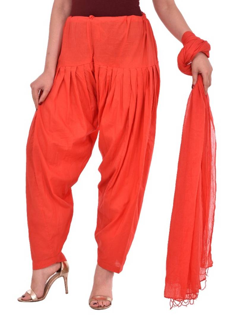 Women's Cambric Cotton Full Orange Patiala Salwar With Dupatta Set
