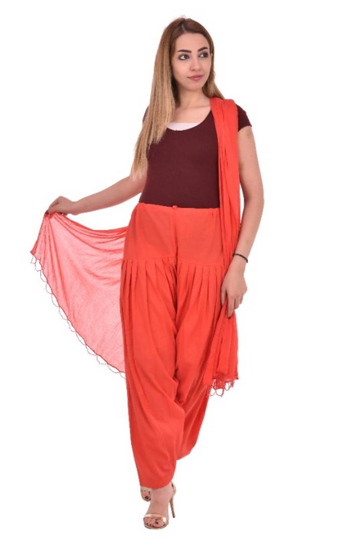 Women's Cambric Cotton Full Orange Patiala Salwar With Dupatta Set
