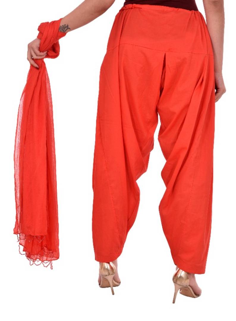 Women's Cambric Cotton Full Orange Patiala Salwar With Dupatta Set