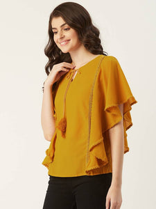 Stylish Yellow Polyester Lace Work Kaftan Tops For Women And Girls