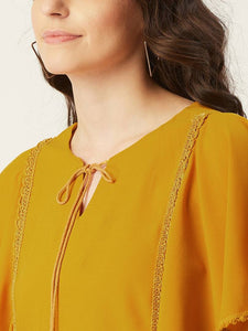 Stylish Yellow Polyester Lace Work Kaftan Tops For Women And Girls